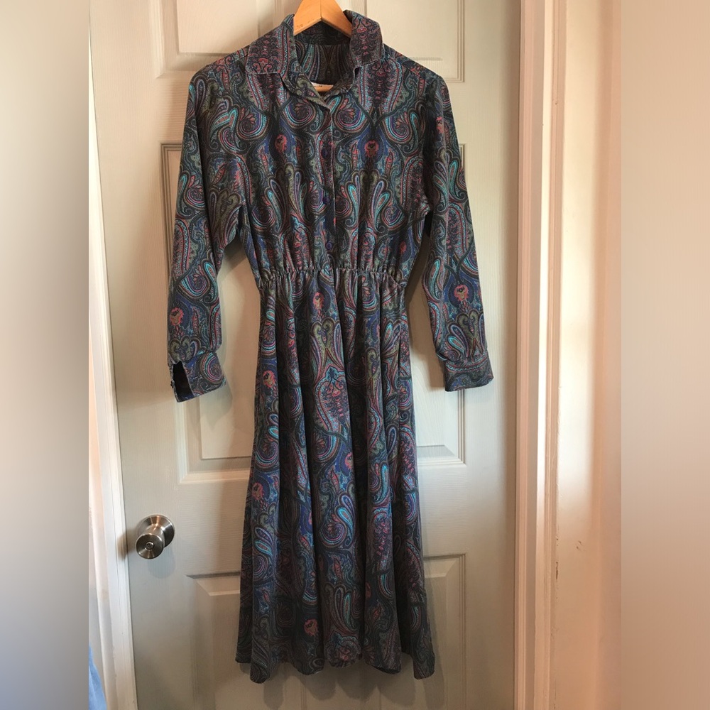 Bedford Fair Women's S Vintage 90s Elastic Blue Paisley Collar Midi Dress AS IS